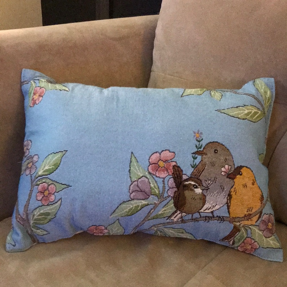 Handmade “tapestry” pillow.  12” x 18”.  Dark sky blue is background color